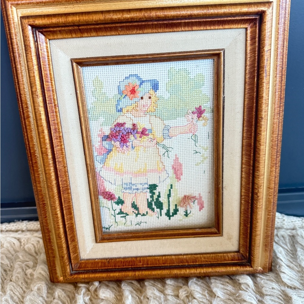 Framed Needlepoint Art with Girl in Yellow Dress